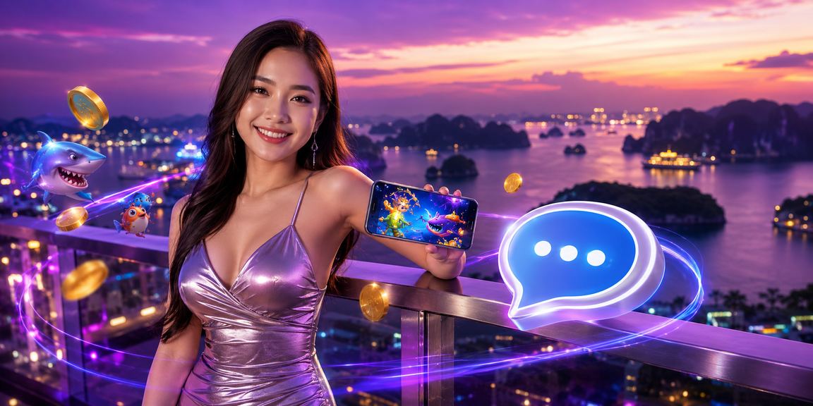 Màn hình ban cá kiếng neon sôi động trên nền cảnh vịnh Hạ Long về đêm